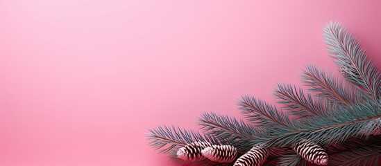 Poster - A festive composition featuring a decorated fir branch on a pink background providing a copy space image for your text during the joyful season of New Year and Christmas