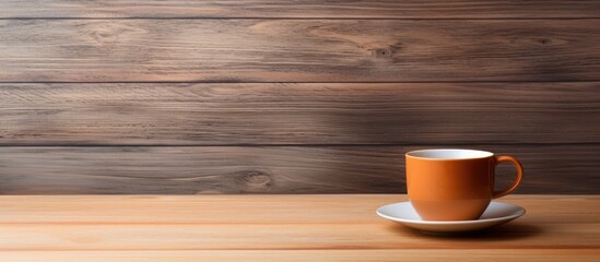 Poster - A cup of tea is placed on a wooden table creating a peaceful image with ample empty space around it for copy