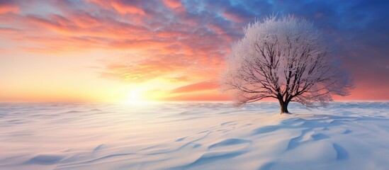Wall Mural - A mesmerizing winter sunset creating a breathtaking scene over a snow covered field is captured in the copy space image