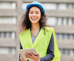 Canvas Print - Construction, inspection and portrait of woman with tablet, helmet and smile in civil engineering. Project management, digital app and girl at building site for city planning, architecture or design