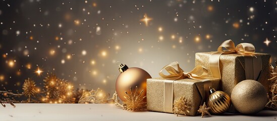 Poster - A festive display of New Year s decorations including a gift box and garland Copy space image
