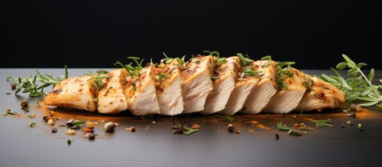 Poster - A light and nutritious option for a low calorie diet this thinly sliced chicken breast is seasoned with cooking spices It is presented on a gray background providing copy space for additional element