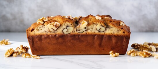 Poster - A sliced banana bread with walnuts arranged on a marble surface Top view providing room for design or text elements. Creative banner. Copyspace image