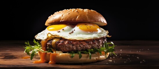 Poster - A delicious egg burger showcased on a rustic wooden surface allowing for ample copy space in the image
