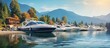 A lakeside marina with a picturesque view of cabin cruiser yachts providing a perfect copy space image