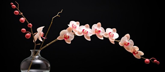 Poster - A pink orchid branch displayed in a vase against a black background leaving empty space for an image. Creative banner. Copyspace image