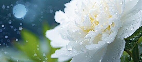 Poster - Fresh white peony flower blooming in the garden with dew laden petals creating a delicate floral background offering ample copy space for a captivating image