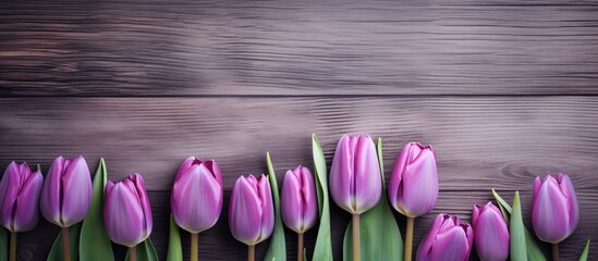 Poster - A captivating image of purple tulips on a textured wooden backdrop leaving plenty of empty space for copy or other elements. Creative banner. Copyspace image