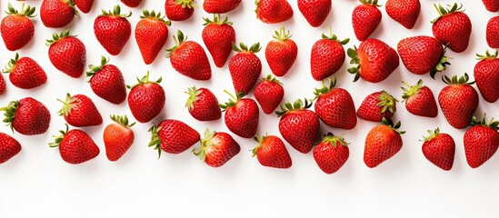 Poster - Top view of strawberries positioned on a white background featuring ample copy space for text The layout showcases a flat lay pattern