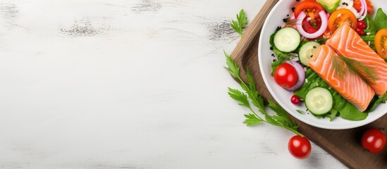 Wall Mural - A top view of a ketogenic keto or paleo diet lunch bowl featuring a salted salmon salad with fresh green lettuce cucumbers tomato bell pepper and red onion with copy space image
