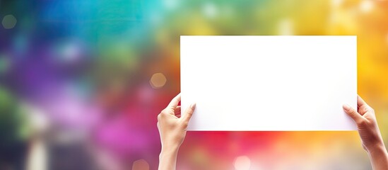 Poster - Colorful background with female hands holding blank speech bubble perfect for adding a message or text Copy space image