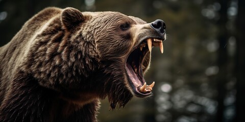 angry grizzly bear roaring and showing teeth.