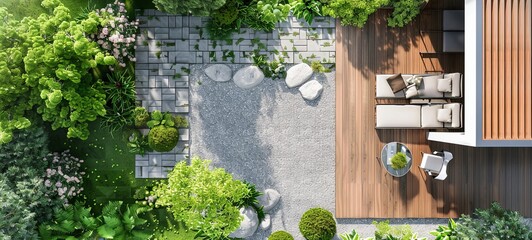 Modern garden design with terrace and top view. 