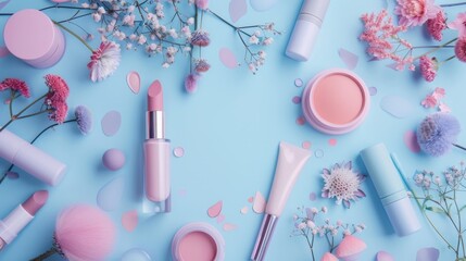 Canvas Print - A pink and blue background with a bunch of makeup and pastries