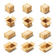 Big set of isometric realistic open and closed cardboard boxes mockup