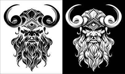 Wall Mural - A Viking warrior or barbarian gladiator man mascot face looking strong wearing a helmet. In a retro vintage woodcut style.