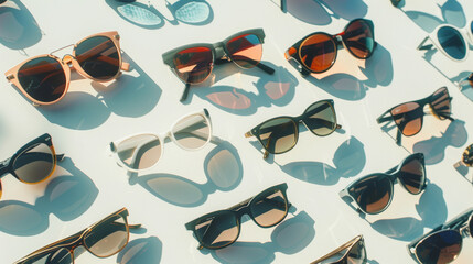 Array of trendy sunglasses casting soft shadows on a bright surface.