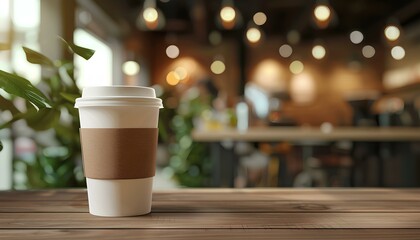 Poster - hot coffee in cup on wooden table on cafe background