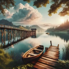 Wall Mural - Beautiful lake landscape with row boat and old wooden lake bridge with beautiful sky and cloud background.