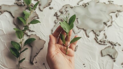 Wall Mural - Wishing you a joyful World Environment Day on June 5th with an image of a hand and young tree branches against a white world map in the backdrop