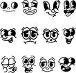 Set of cartoon faces, funny characters. Old style animation eyes, mouth. Cartoon eyes. Comic style faces. Vector illustration