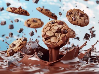 Wall Mural - Delicious chocolate chip cookies with chocolate splash