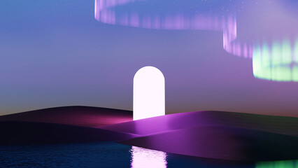 Wall Mural - 3d render, surreal scene of light arches on dune with aurora light sky background, fantasy landscape