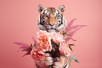 Wall Mural - AI generated illustration of a tiger holding flowers against pink background