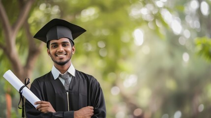 Proud Indian male graduate holding diploma at outdoor settings, smiling for photo. Convocation ceremony theme. Fictional Character Created By Generative AI. 