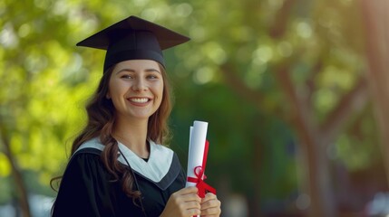 Indian female graduate holding diploma at graduation day, smiling for photo. Fictional Character Created By Generative AI. 