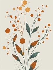 Wall Mural - abstract floral illustration with orange circles and leaves