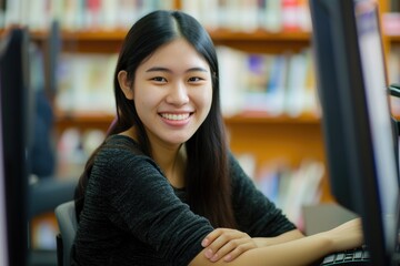 Wall Mural - Young Asian woman using computer in library, posing for photo. Fictional Character Created By Generative AI. 