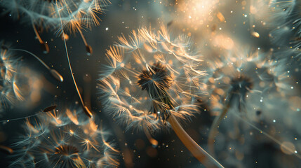 Poster - abstract blurred nature background dandelion seeds parachute. abstract nature bokeh pattern