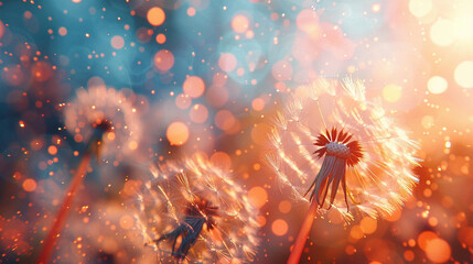 Poster - abstract blurred nature background dandelion seeds parachute. abstract nature bokeh pattern