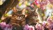 Two lovely cats enjoying the sunny day in the garden with blooming pink flowers.