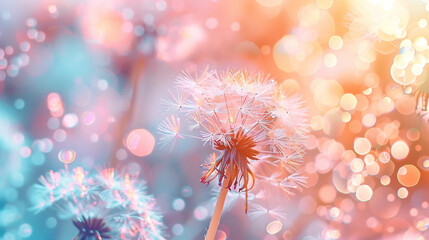 Poster - abstract blurred nature background dandelion seeds parachute. abstract nature bokeh pattern