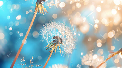 Poster - abstract blurred nature background dandelion seeds parachute. abstract nature bokeh pattern