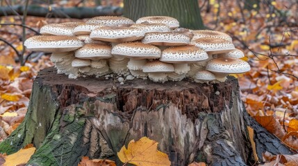 Poster - Cluster of white mushrooms growing on a tree stump in the autumn forest