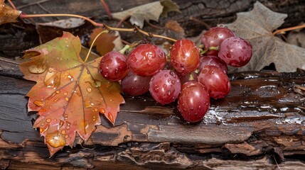 Canvas Print - Autumn grapes and leaves on wooden surface