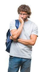 Poster - Handsome hispanic student man wearing backpack and glasses over isolated background thinking looking tired and bored with depression problems with crossed arms.