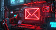 A red neon light shines on an email icon