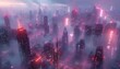 © Nawarit - Craft a surreal tilted angle view of a futuristic cityscape shrouded in neon lights and dense fog Utilize CG 3D rendering to maximize the enigmatic atmosphere