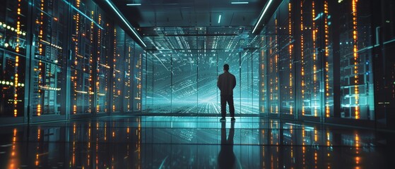 Poster - Standing in the middle of a Data Center Server Room, an IT Engineer looks curious.