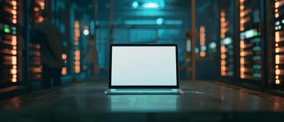 Poster - On the table is a laptop with a white screen. In the background is a data center with rows of racks of servers and an IT engineer working.