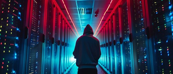 Poster - Hacker in a hoodie standing in the middle of a data center full of rack servers.