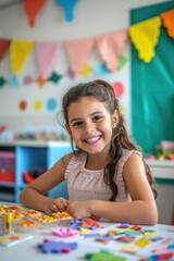 American Preschool Girl Enjoys in Classroom Settings, Back To School Photo. Fictional Character Created By Generative AI. 