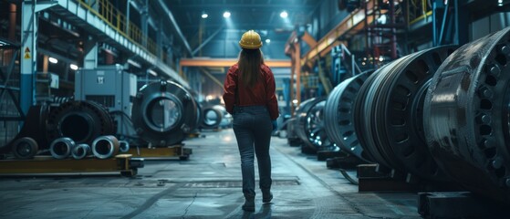 Poster - Various metalwork project parts lie on the floor as a female industrial worker walks through a heavy industry manufacturing factory in a hard hat.