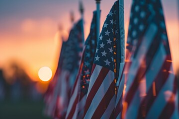 American Flags in a Row at Sunset, Patriotic Background, USA flagship Day,June 14, 2024
