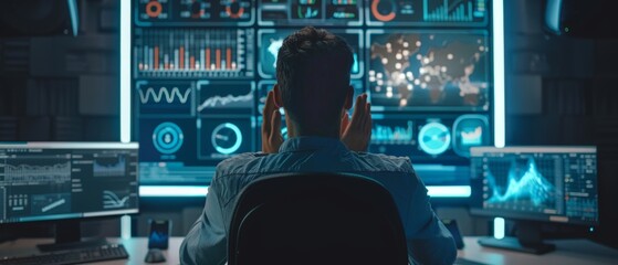 Poster - Among the monitors displaying data and graphs in the Data Mining Center, a Statistician claps his hands.