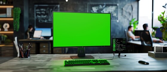 Poster - The desk of the office is adorned with a green screen mock-up, while people work on a blackboard wall in the background.
